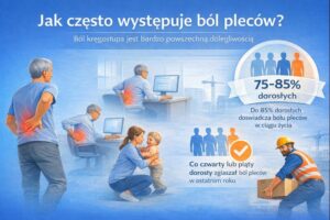Ilustracja edukacyjna pokazująca jak często występuje ból pleców u dorosłych oraz typowe sytuacje powodujace ból kręgosłupa.