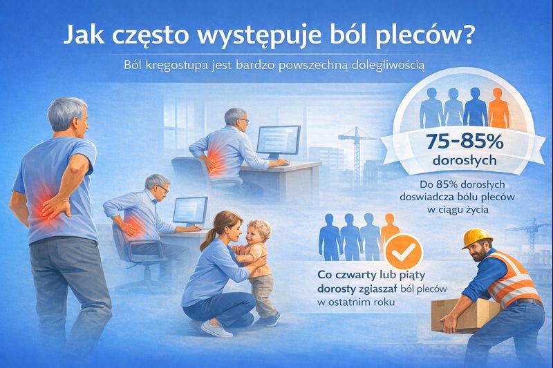 Ilustracja edukacyjna pokazująca jak często występuje ból pleców u dorosłych oraz typowe sytuacje powodujace ból kręgosłupa.
