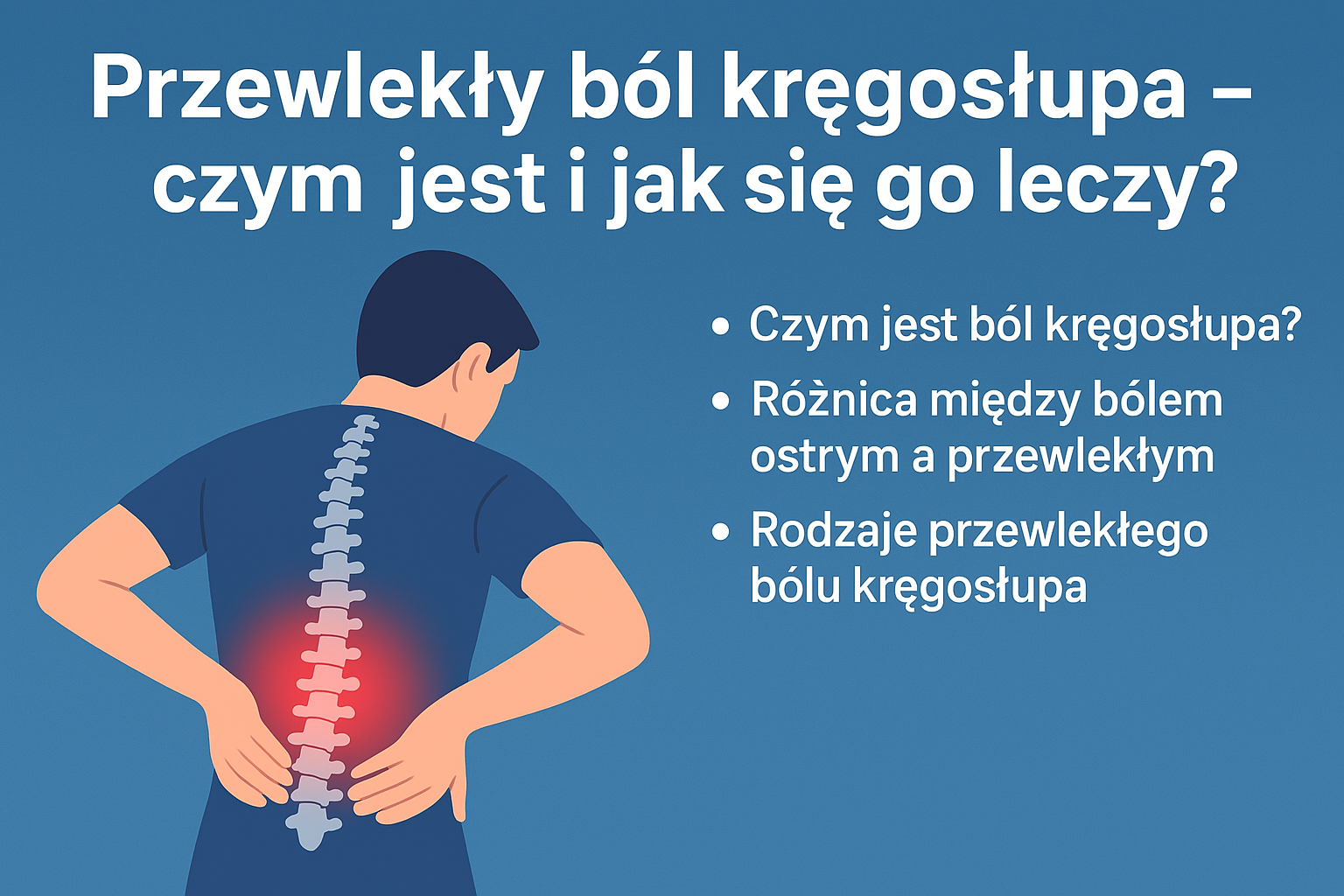 Przewlekły ból kręgosłupa – ilustracja przedstawiająca przykłady bólu kręgosłupa i jego objawów, zastosowana w artykule o definicji i leczeniu przewlekłego bólu kręgosłupa