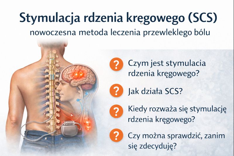 Stymulacja rdzenia kręgowego SCS – schemat leczenia przewlekłego bólu z implantem stymulatora