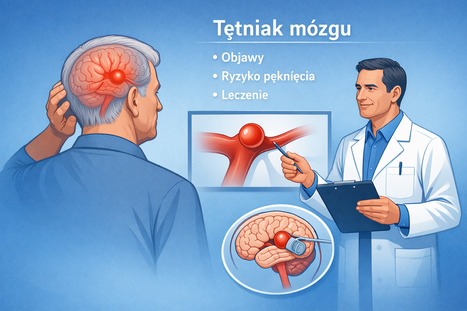 Tętniak mózgu – ilustracja medyczna pokazująca objawy, diagnostykę i leczenie