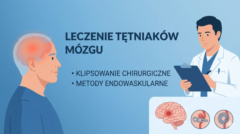 Infografika medyczna porównująca leczenie tętniaków mózgu: klipsowanie chirurgiczne i metody endowaskularne. Schemat tętniaka i lekarz neurochirurg.