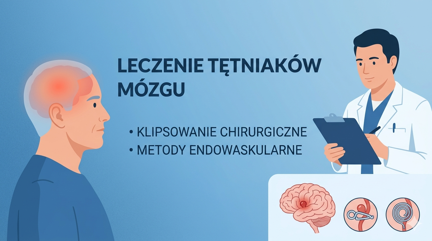 Infografika medyczna porównująca leczenie tętniaków mózgu: klipsowanie chirurgiczne i metody endowaskularne. Schemat tętniaka i lekarz neurochirurg.